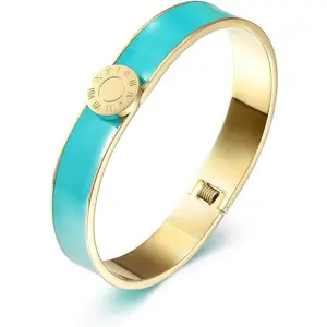 Enamel Bracelet Women, 7.5" Inner Circ.Vintage Pop-Art Colorful Cuff Bangle, Stainless Steel Gold Plate Wide Band, Fits 6.7”–7.4” Wrists