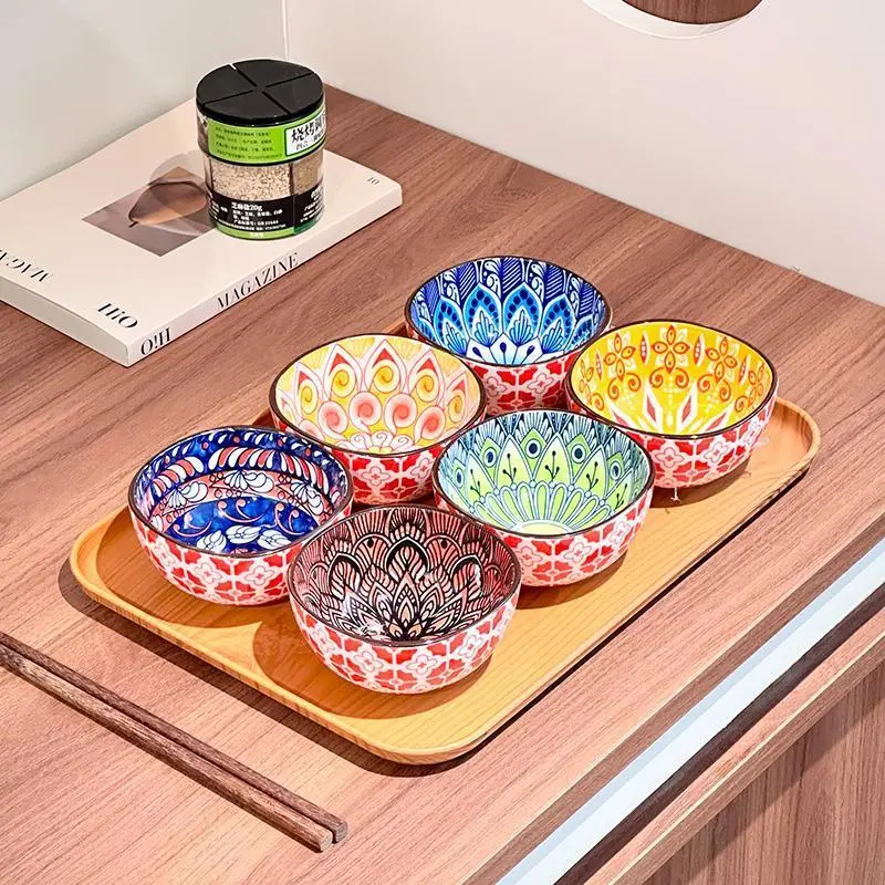 Elegant 3/6 Piece Bohemian Ceramic Serving Sauce Bowls Set, Hand-Painted Kitchen Essentials for Sauces, BBQ, Snacks, and Desserts, Ceramic Salad Bowls