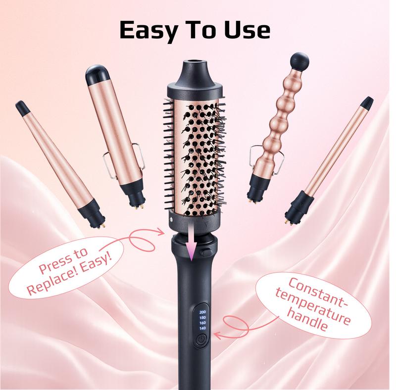5‑in‑1 Curling Wand Set with Thermal Brush, Interchangeable Ceramic Curling Barrels 0.5” 1” 1.25”, Tapered & Bubble Curling Wand, Instant Heat Curling Iron, Blowout Brush Styling Tool for Loose Waves, Tight Curls, Volume, Bangs, Rose Gold