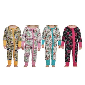 Long sleeves wild west bull skull printed zipper sleepers western baby kids romper