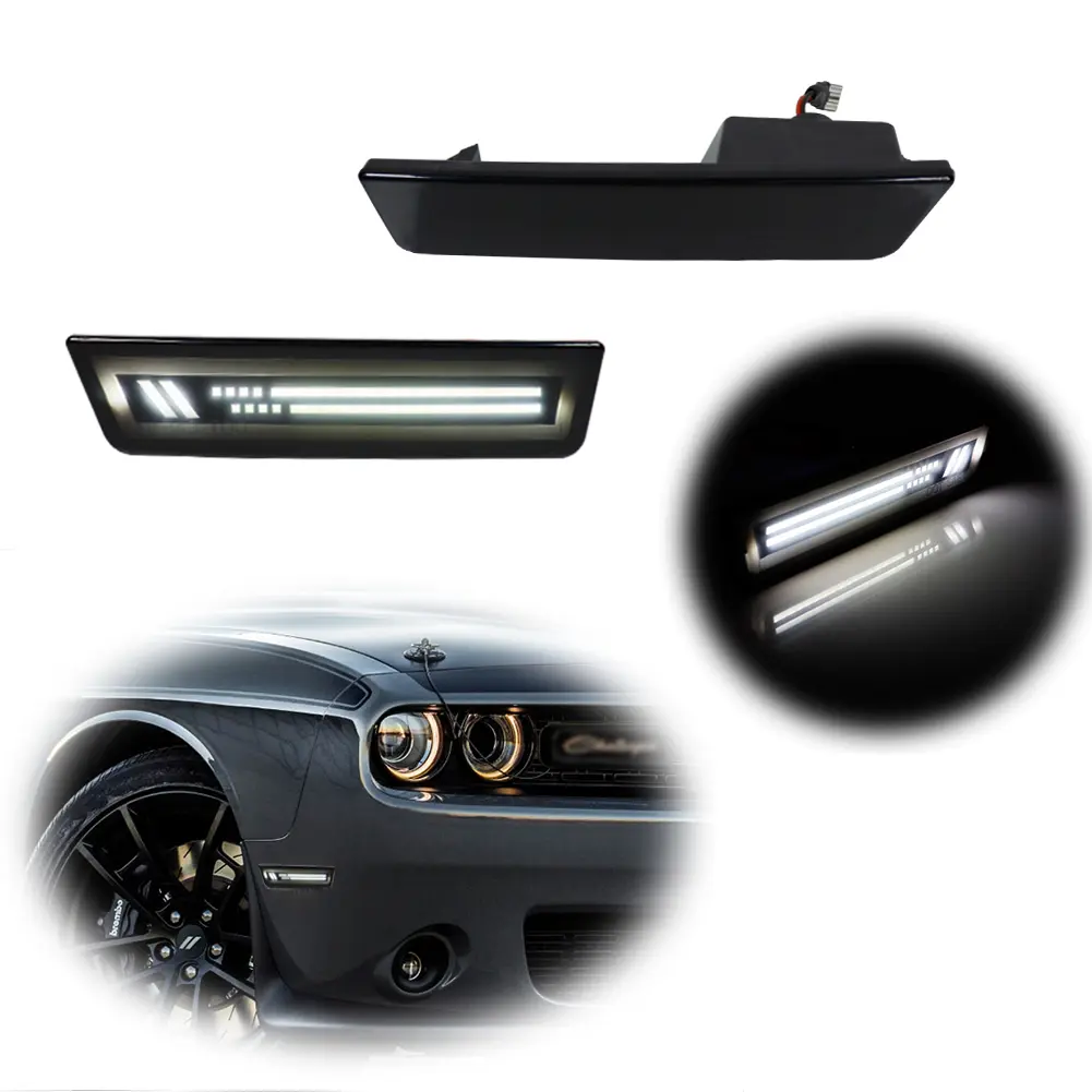 2pcs Sport Smoke White LED Front Side Marker lamps Lights For 2008 2009 2010 2011 2012 2013 2014 Dodge Challenger,Replace OEM # 68043394AA CH2555100 REPD104501 68043395AA