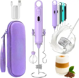 Rechargeable Milk Frother Handheld 3 Speed Coffee Foamer [3 Whisk] Electric Drink Mixer for Latte, Cappuccino, Coffee, Eggs, Hot , Purple