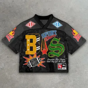 Street MVP Racing Style Football Jersey – Y2K Flame Graphic Mesh Top, Unisex Hip Hop Streetwear