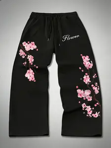 Trending Y2K Cherry Blossom Wide Leg Pants | Japanese Sakura Flower Floral Graphic Streetwear | Soft Fleece Casual Sweatpants with Elastic Waist Drawstring | Harajuku Aesthetic Baggy Trousers for Women | Spring Summer Fashion Lounge Pants for Teen Girls