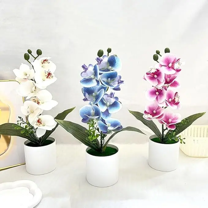 2 Pack Faux Phalaenopsis Orchid Potted Arrangements - Realistic Look UV-Resistant Plastic Faux Floral Plant, Decorative Fake Plants for Home Room Wedding Floral Decor, Ideal for Office Shelf/Table Centerpiece, Potted Set