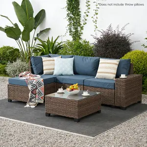 7 Pieces Patio Furniture Set - All-Weather Wicker Outdoor Sectional Sofa, Rattan Patio Conversation Sofa with Coffee Table for Porch, Beige/Brown,Brown / Dark Blue