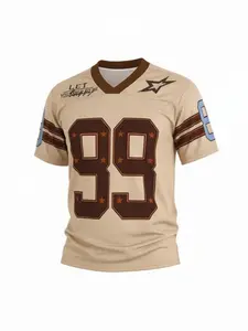 Trendy Men's Retro 99 Star Print Football Jersey, Beige Mesh V-Neck Short Sleeve Streetwear Athletic Top, Y2K Hip Hop Style Graphic Shirt for Street Style & Daily Wear #MensStreetwearJersey #RetroFootball #Y2KFashion