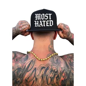 TheDriveClothing Most Hated Black Flat Bill Hat – Snapback Cap, Flat Brim Trucker Hat, White Print Mesh Back Adjustable Hat, Unisex Streetwear