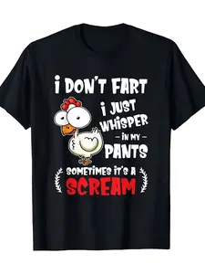 Funny Chicken Lover T-shirt-"I don't fart, I just whisper in my pants"-machine washable, black with cartoon cock print, vintage style, daily wear, for Couples, durable heavy cotton