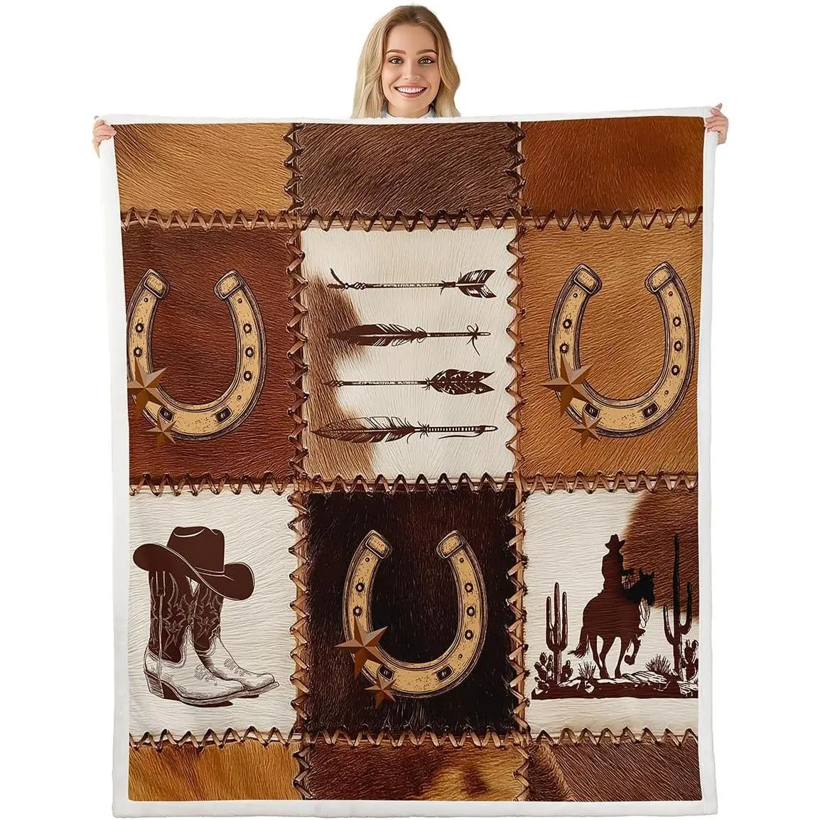 Western Cowboy Fleece Throw Blanket Baby Rustic Horse Cowboy Gifts for Kids Boys Men Women,Farmhouse Cowhide Sherpa Blanket West Country Cow Print Fuzzy Blanket for Bed Brown