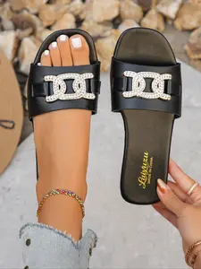 Women's Rhinestone Buckle Decor Flat Sandals, PU Leather Beach Shoes, Less Than Ankle Height, Rubber Sole, Plain Pattern, Buckle Decorated Slides