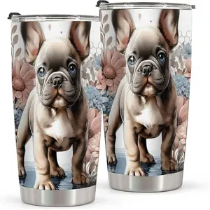 20oz French Bulldog Floral Tumbler, Double Wall Vacuum Insulated Travel Mug, Spill Proof Lid and Straw, Adorable Puppy with Watercolor Flowers Design, Ideal for Christmas, Thanksgiving, Valentine's, Mother's, Father's Day, Gift for Birthday, Coffee Cup