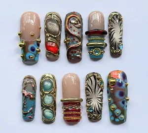 Luxury Mosaic Press On Nails, Handmade Gel Long Square Blue Gold Fake Nail Set