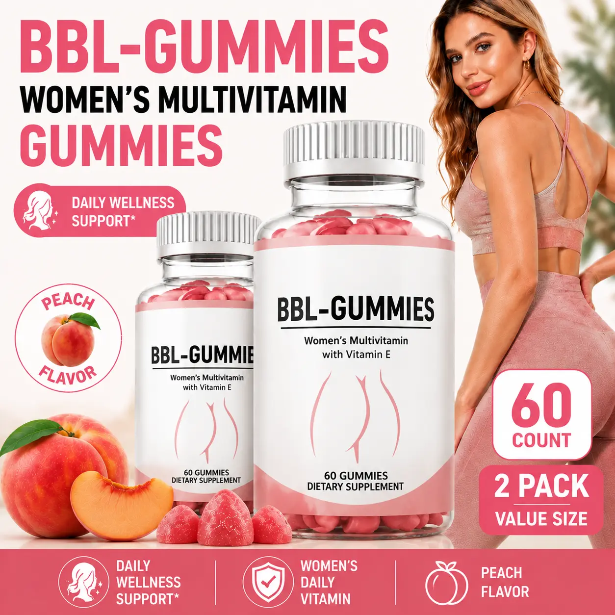 Peeshlita CORE Women's Multivitamin Gummies - Peach Flavor Daily Wellness Boost Supplement with Vitamin E, Prop 65 Safe, 60 Pieces