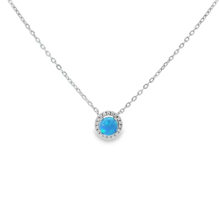 Sterling Silver Blue Round Lab Opal Necklace, Fine Jewelry Silver Pendant Necklace for Women