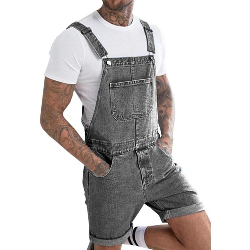 Beotyshow Mens Denim Shorts Bib Overall Jean Romper Casual Loose Fit Walkshort Button Pockets Summer Jumpersuit Fashion Menswear