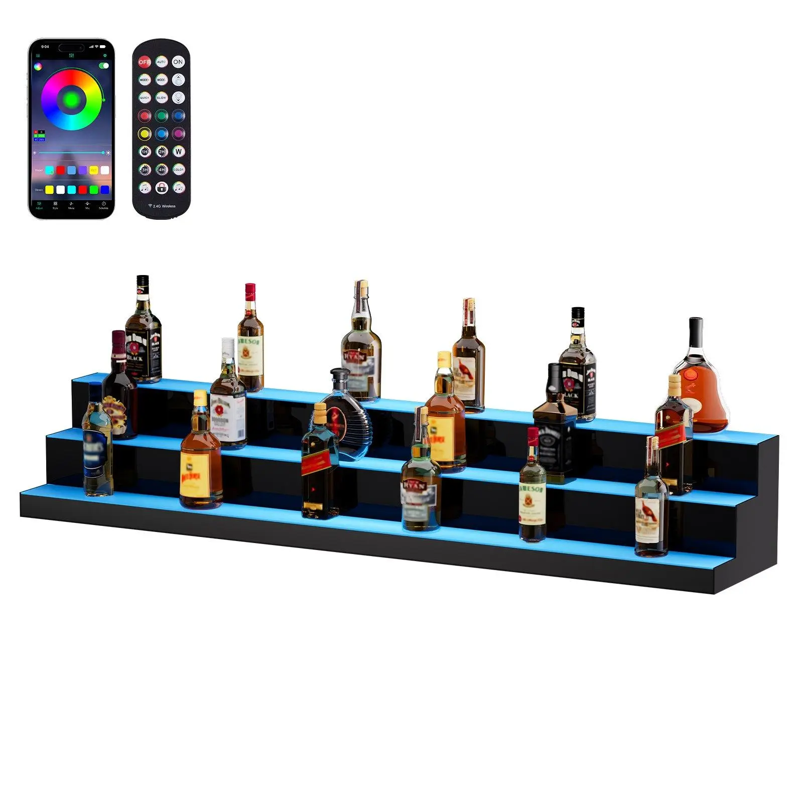LED Lighted Liquor Bottle Wine Rack, 3-Tier 60in Commercial Home Bar Acrylic Shelf, RF Remote & App Control Multicolor Illuminated Drink Display Stand