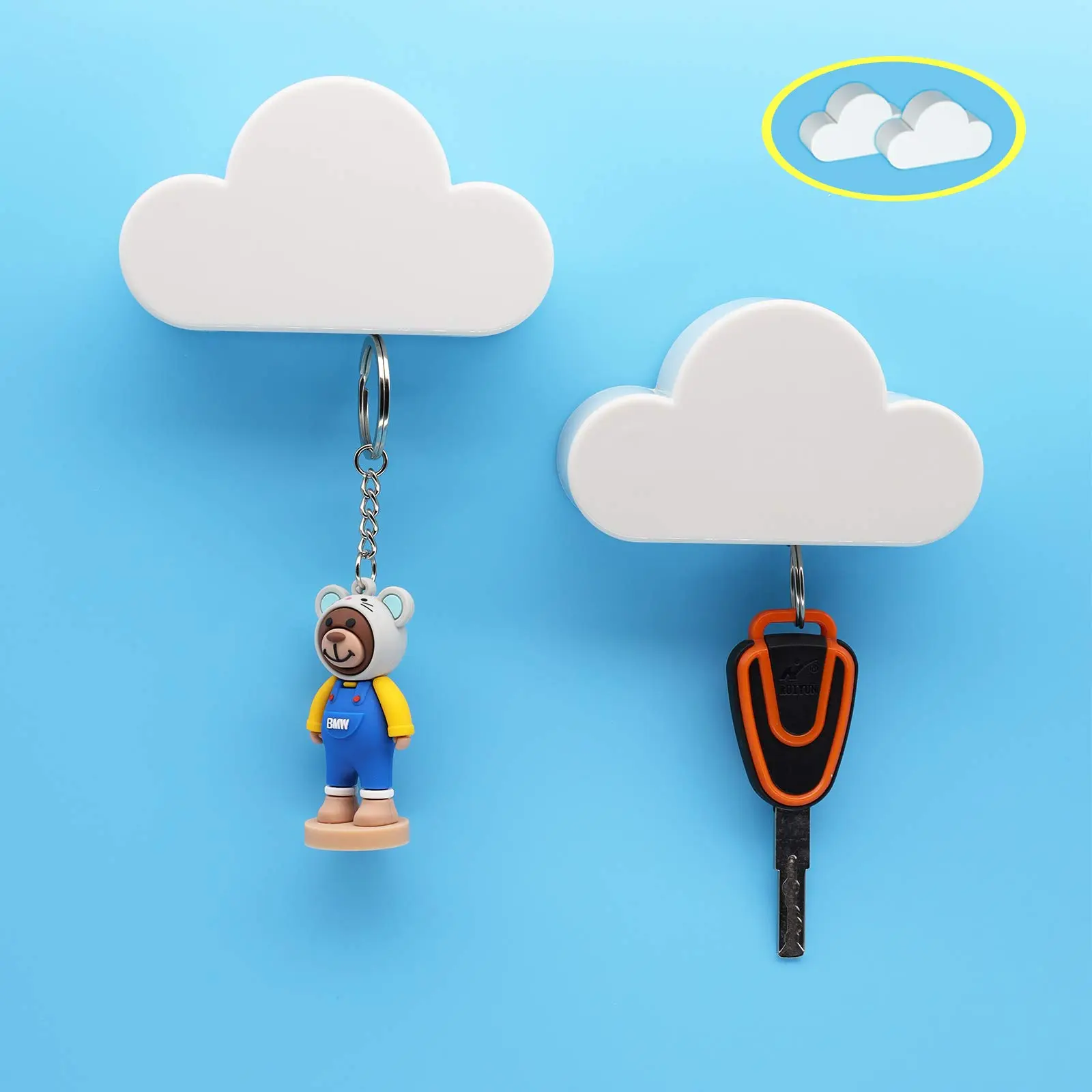 2PCS White Cloud Magnetic Key Holder for Wall  Strong to Securely Hang Multiple Keys and Keychain Novelty Cute Home Decorations Easy Install Convenient Use.(2 White)