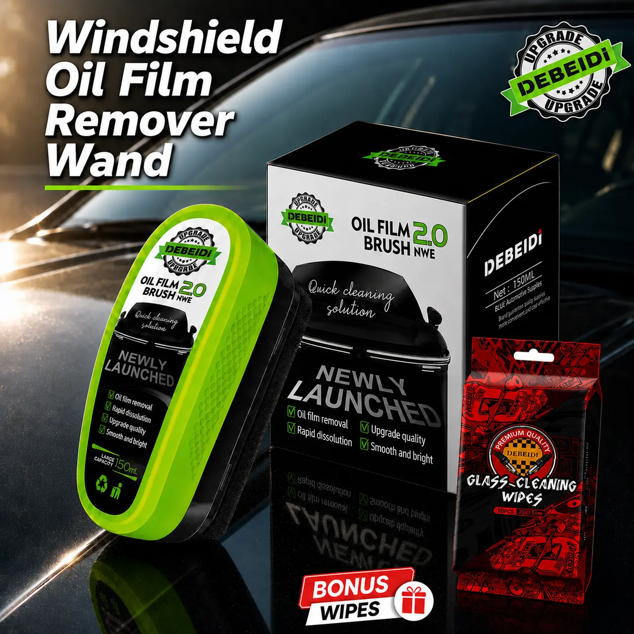 DEBEIDi Windshield Oil Film Remover Wand - 150ml Pre-Filled Auto Glass Cleaner, 1-Touch Streak-Free Car Screen Cleaner with Sponge, 3-Year Durability, Automotive Detailing Product, Car Washing Solution for Visibility Boost