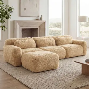 L-Shaped Cloud Sofa with Plush Fabric & Throw Pillows, Boneless 32D High Density Sponge Couch, No Assembly, Anti-Slip Base with Buckle Connection, Movable Ottoman for Living Room
