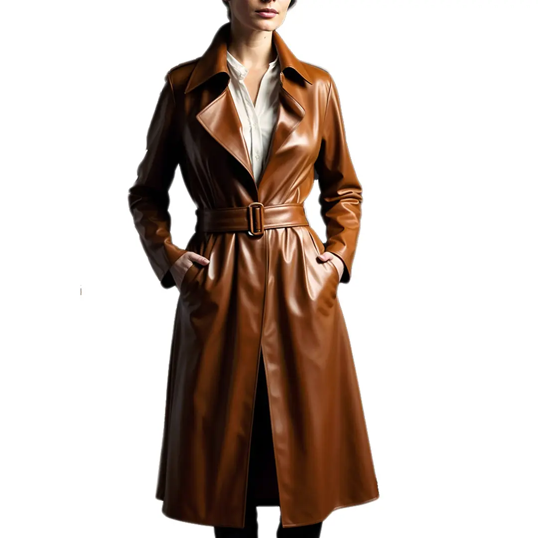CLASS LADY Women’s Brown leather Coat – Slim Fit Belt Style