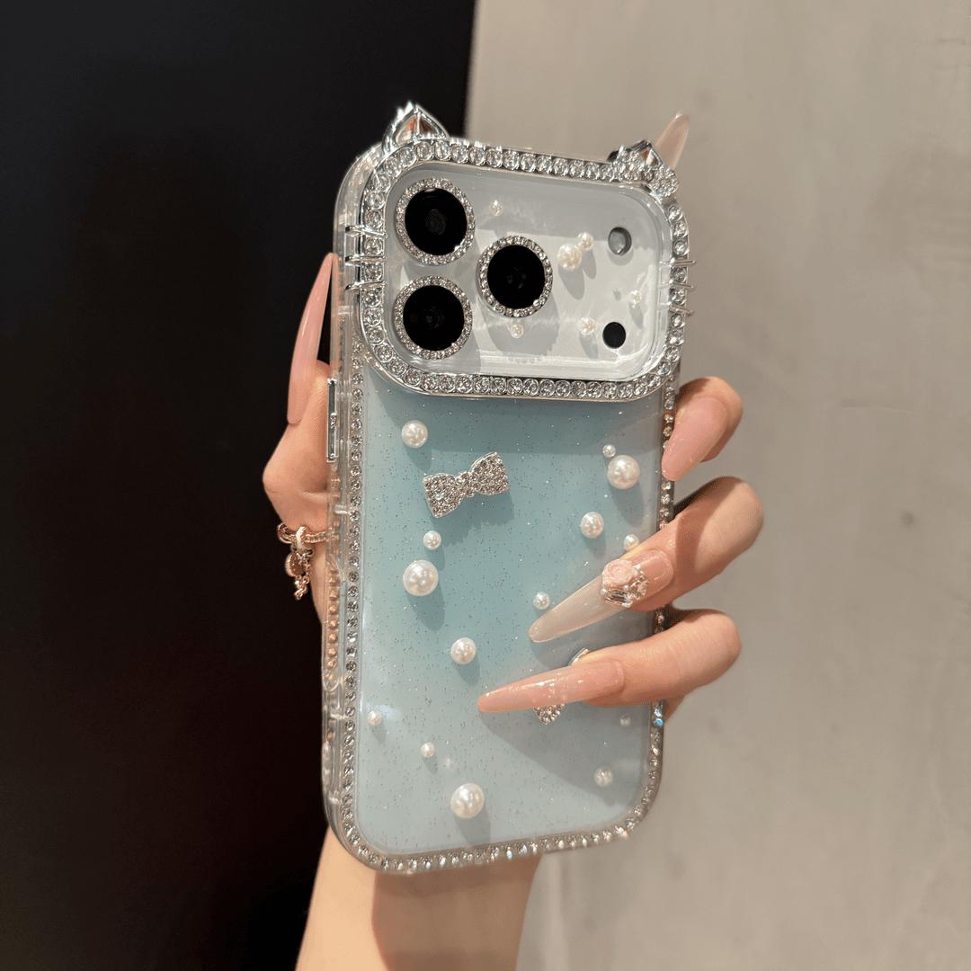 DIY Glitter Clear Phone Case with Pearl & Rhinestone Bow Charms, Bling Cat Ear Diamond Frame Customizable Protective Cover for IP 17 Pro max, 16plus, 15, 14, 13 junk