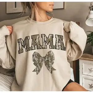 Vintage MAMA Camouflage Bow Sports Shirt - Neutral Cotton Round Neck T-shirt with "MAMA" and Mom Bow Design, Mother's Day Gift-RAIMENTRY