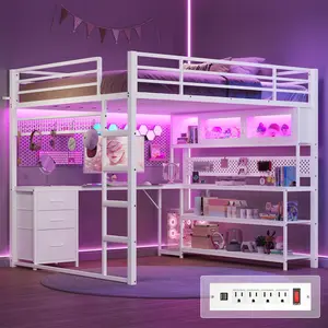 Sikaic Loft Bed Full Size with L-Shaped Gaming Desk, Acrylic RGB Hutch & Safety Charging Station, Metal Loft Bed with Storage Drawer, Safety Guardrail & Ladder, Space-Saving Design for Teen Girls, White