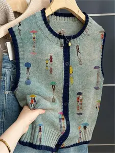 French retro style loose crew neck sleeveless color-block button khaki, Multicolor, contrasting art print women's sweater vest, suitable for spring and summer women's wear, vacation style, casual elegant commuting, Casual Comfy Vests