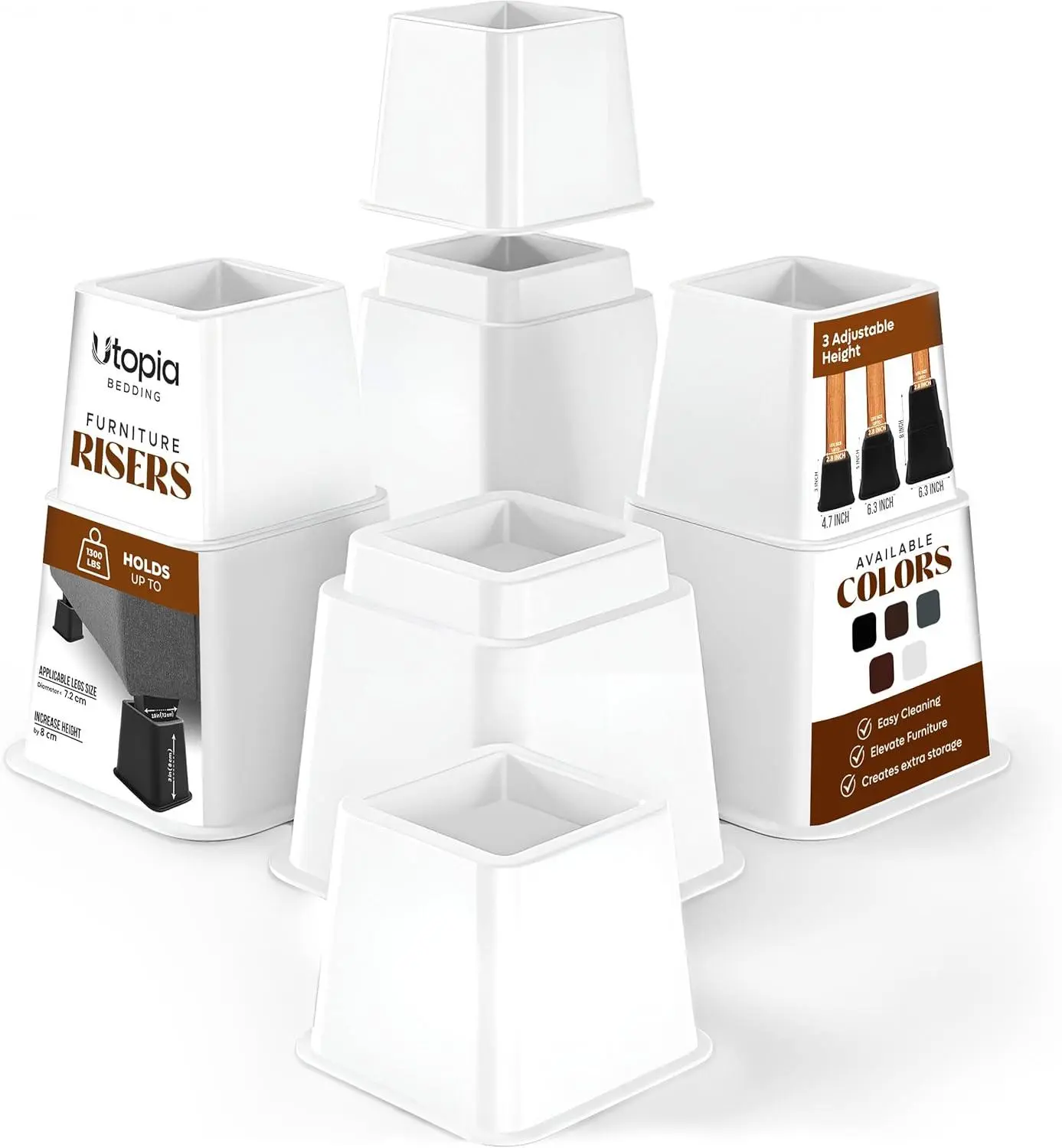 Utopia Bedding Adjustable Bed Risers 3, 5, 8 Inch – Heavy Duty Set of 4 for Bed, Couch, Desk – Supports 1300 lbs – Under Bed Storage Utopia Bedding Adjustable Bed Risers 3, 5, 8 Inch – Heavy Duty Set of 4 for Bed, Couch, Desk – Supports 1300 lbs – Under Bed Storage