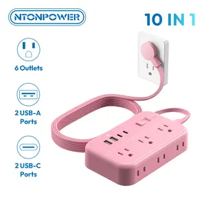 Pink Extension Cord Surge Protector Power Strip with 6 Outlets 4 USB Ports(20W), Flat Extension Cord with Multiple Outlets, 5 ft Flat Plug Outlet Extender for Indoor, Home, Office outdoorfun