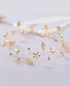 Faux & Leaf Faux Pearl Decor Headband Boho Tiaras Wedding Headpiece
