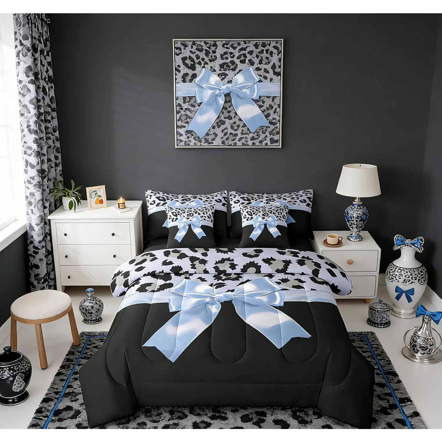 Blue Silk Bowknot 7 Piece Bedding Set Grey Leopard Comforter Set with Sheets Women Black Blue Bed in a Bag Sweet Romantic Bed Set