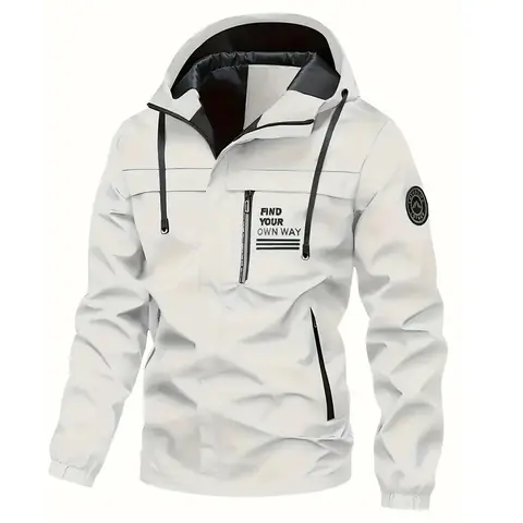 Men's Heavyweight Body-Fitted Premium Mountaineering Hooded Coat - Men's Clothing, Waterproof Windproof Long Sleeve Outdoor Apparel, Removable Brim, Zip-Secure Pockets, Letters Print for Daily Outdoor Wear