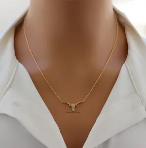 14K Gold Plated CZ Bull Head Pendant Necklace – Sparkly Western Rodeo Jewelry for Bold Statement Style