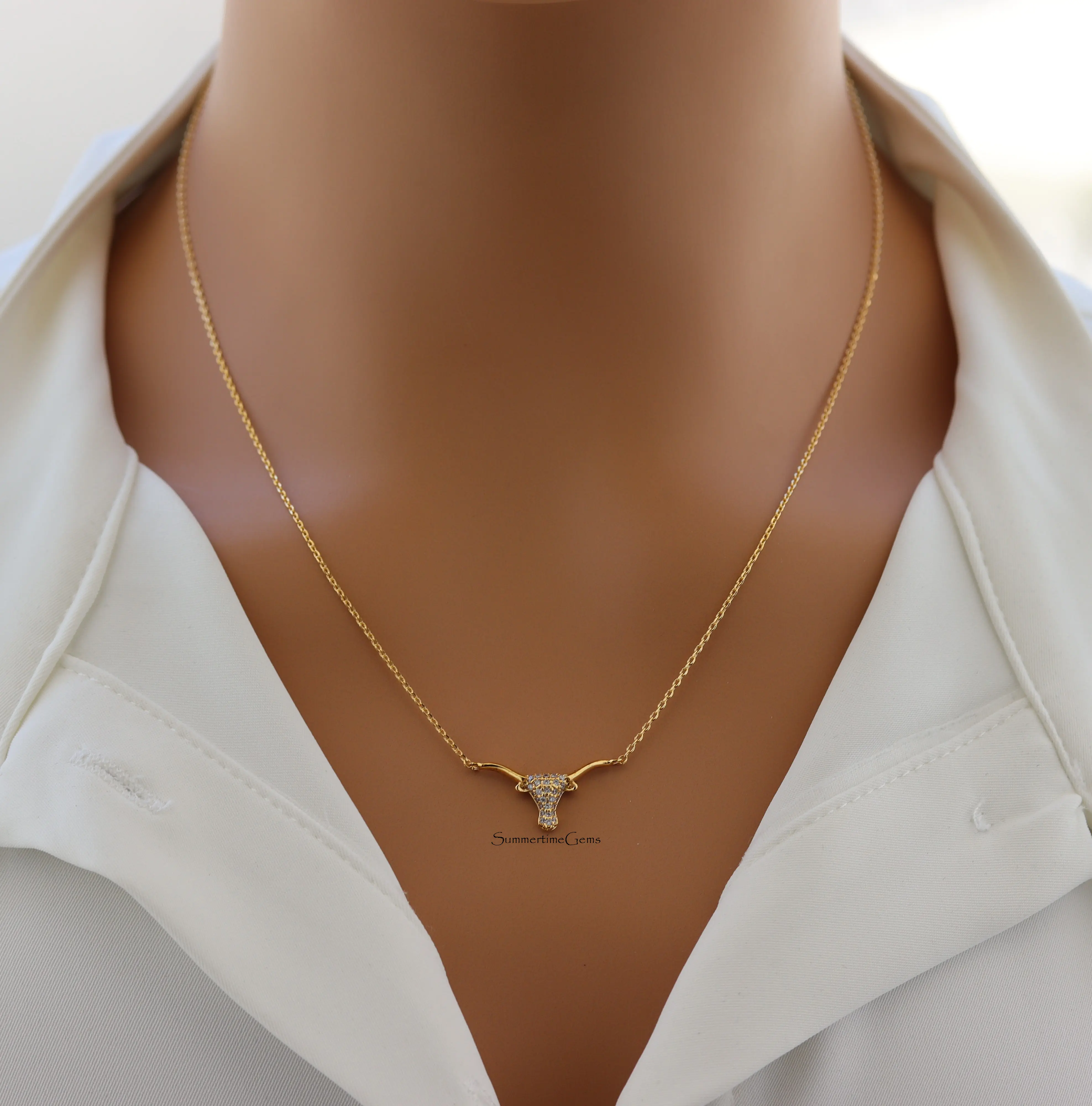 SUMMERTIMEGEMS 14K Gold Plated Sparkling Cubic Zirconia Bull Head Pendant Necklace - Bold Sparkle Western Accessories for Rodeo Nights, Country Concerts