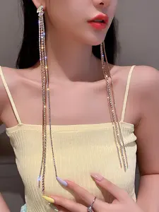 Rhinestone Decorated Long Tassel Earrings, Fashionable Jewelry for Women for Party, Daily Clothing Decor, Trendy All-match & Exquisite Jewelry for Birthday Gift