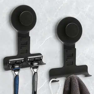 Black-Suction Cup Razor Holder for Shower Wall 2 Pack,Heavy-Duty 15lbs Suction Hooks for Razor,Towel,Phone,Loofah, Removable Damage-Free Metal Shower Hook,Shaver Holder(Black)