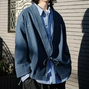 Unisex Japanese Stylish noragi kimono Sense Denim Coat cardigan Loose kimono jacket with Drawstring Design