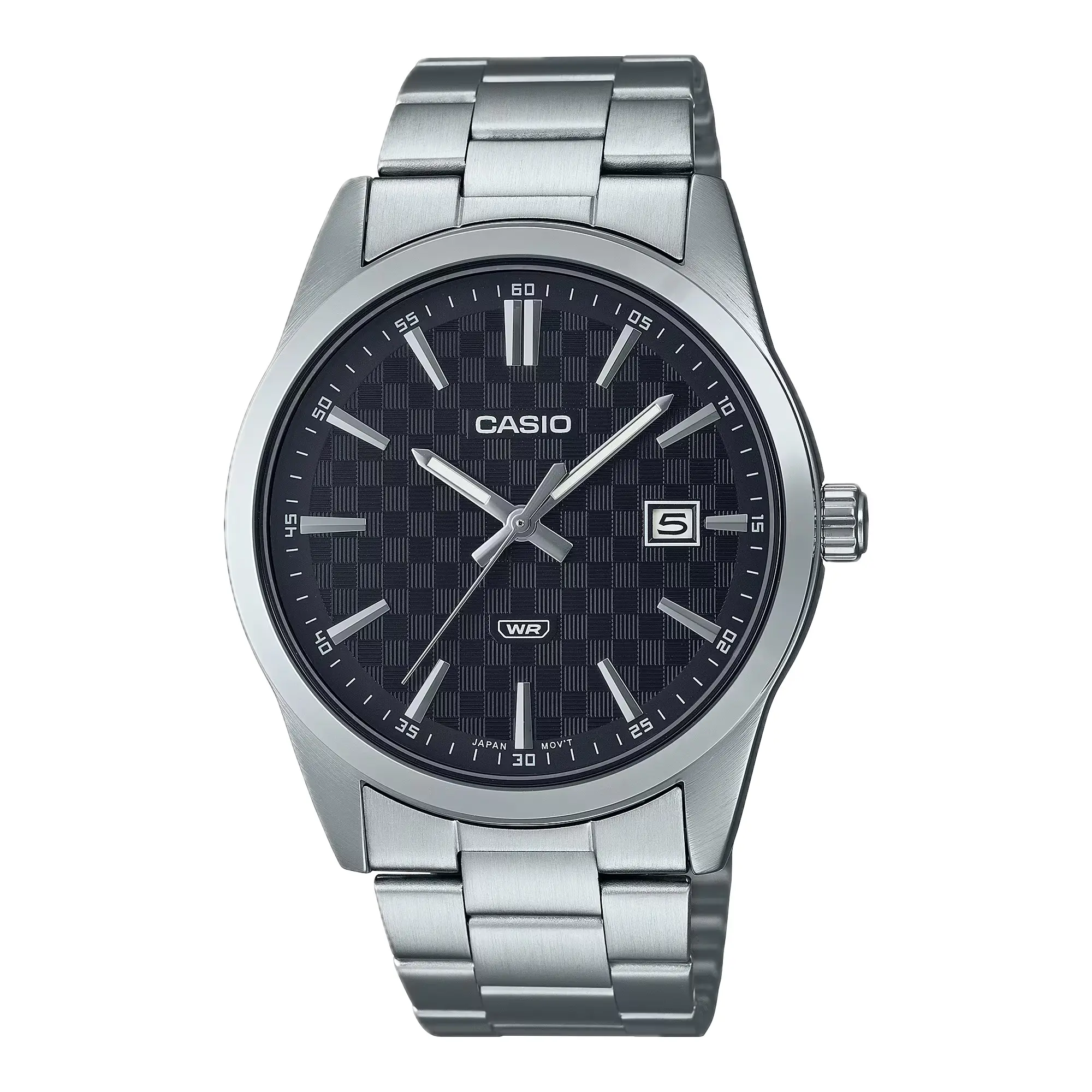 Casio Men’s Black Check-Pattern Dial Stainless Steel Bracelet Watch - MTP-VD03D-1AUDF