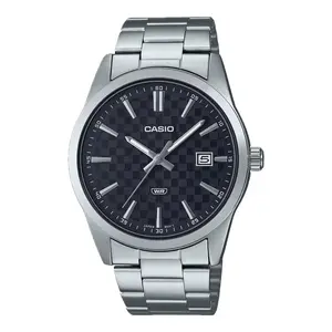 Casio Men’s Black Check-Pattern Dial Stainless Steel Bracelet Watch - MTP-VD03D-1AUDF