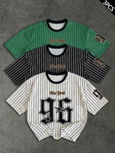 Men's Round Neck Striped T-Shirt Set, New York Number 96 Print, Outdoor Vacation Travel Party Streetwear, Comfortable Casual Fashion Short Sleeve