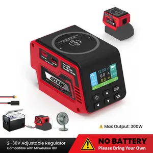Azocek Adjustable 2–30V DC Voltage Regulator Compatible with Milwaukee 18V Battery – 300W XT60 Output, 100W USB-C PD3.0, 18W USB-A Fast Charging, 15W Wireless Charging, LCD Display [Battery Not Included]