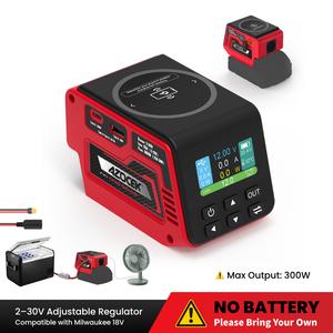 Azocek Adjustable 2–30V DC Voltage Regulator Compatible with Milwaukee 18V Battery – 300W XT60 Output, 100W USB-C PD3.1, 18W USB-A Fast Charging, 15W Wireless Charging, LCD Display [Battery Not Included]