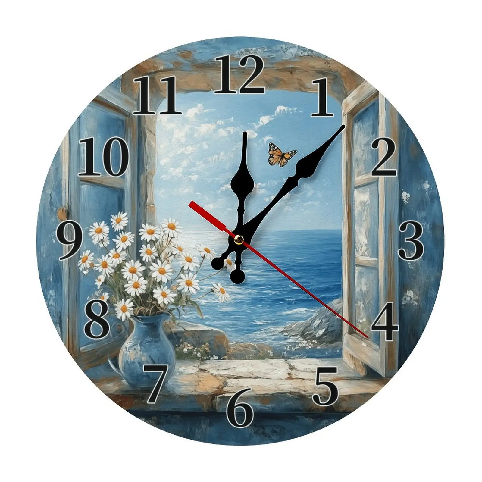 10-12 in Round Wooden Analog Quiet Move Wall Clock - 5mm Thick, DIY Assembly Required, Nautical Coastal Daisies Decor, Battery Not Included, Bedroom/Kitchen Gift for Beach Lovers, Room Decor, Analog Clock