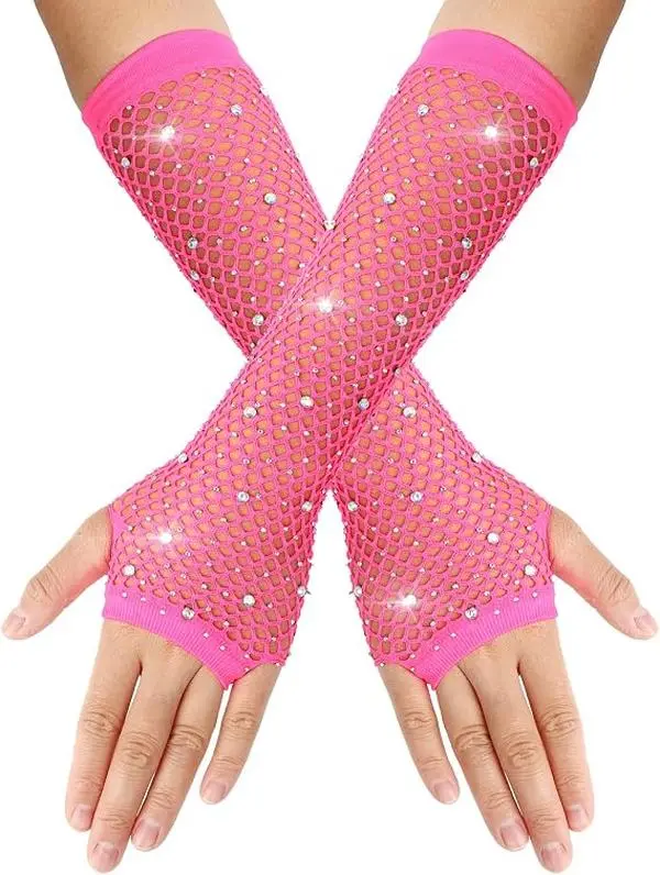 Women & Girls Long Rhinestone Fingerless Fishnet Gloves - Edgy Steampunk Arm Sleeves, Halloween Fall Gift for Costume Party