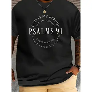 [100%25 Cotton] [ Psalms 91 Tee] Plus Size Crew Neck T-Shirt - Psalms 91 "God Is My Refuge" Print, Casual Sports Style,Regular Fit, 180Gsm - Black T-Shirt For Men And Women