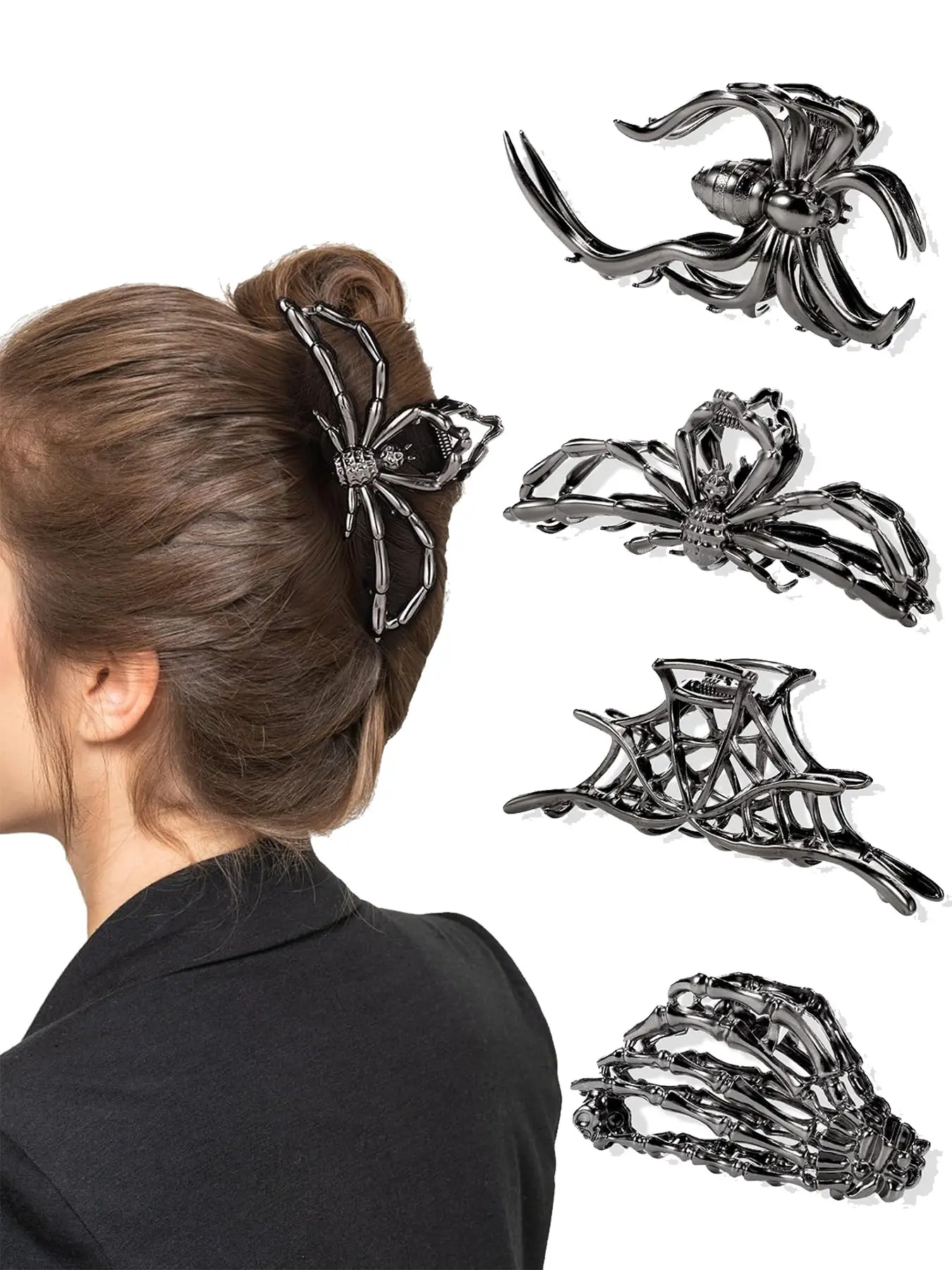 4 Pcs Metal Hair Clip Set for Women, Large Hair Claw Clips Hair Claws Set for Thick Long Hair Styling with Spider Webs Skeleton Decor, Goth Accessories Hair Accessories Birthday Valentines Day Gifts