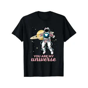 "Women's 180g Black Cotton Crew Neck Short Sleeve T-Shirt with 'You Are My Universe' Astronaut Print Design, Casual Graphic Tee Perfect for Space Lovers, Soft Comfy Everyday Wear for Ladies"