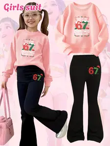 Girls' Christmas Pajama Set, Pajama Outfit, 3D Cartoon Print Sweatshirt & Bell Bottom Pants, Casual Loose Fit, Spring & Fall, Birthday Gift